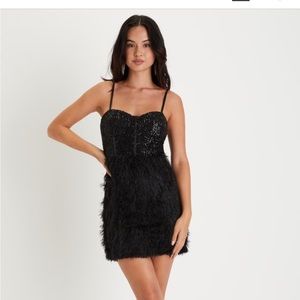 Lulus Fabulous Entrance Black Sequin Feather Bustier Mini Dress Large